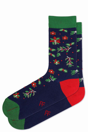 
                  
                    Load image into Gallery viewer, FOOT FEDERATION CHRISTMAS FLORAL 200 STITCH MID-CALF COTTON MEN&amp;#39;S DRESS SOCK NAVY BLUE
                  
                