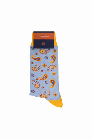 
                  
                    Laden Sie das Bild in den Galerie-Viewer, FOOT FEDERATION PAISLEY 200 STITCH MID-CALF COTTON MEN&amp;#39;S DRESS SOCK SKY BLUE
                  
                